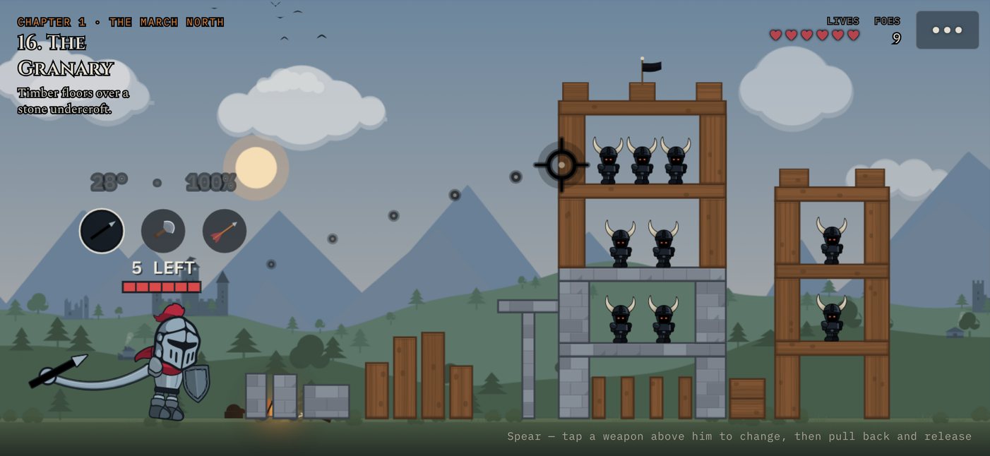 The knight aims at a timber and stone granary