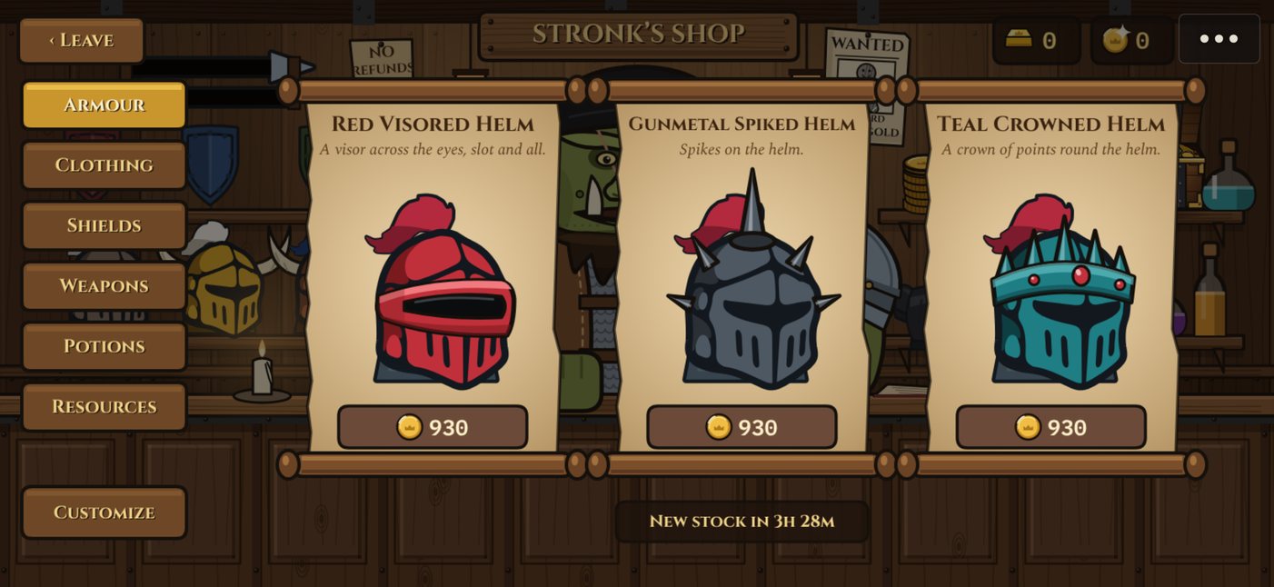 Stronk the ogre's shop, with helmets on scrolls for sale