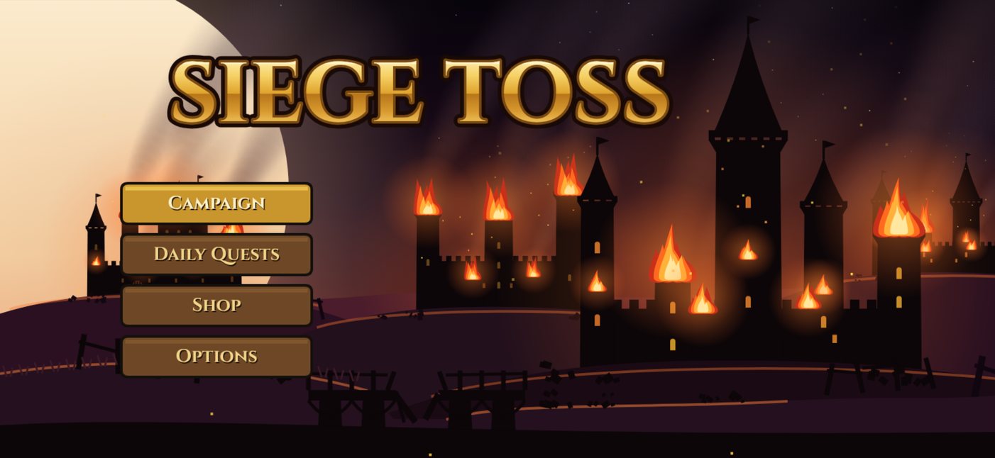 Siege Toss title screen: burning castles under a full moon